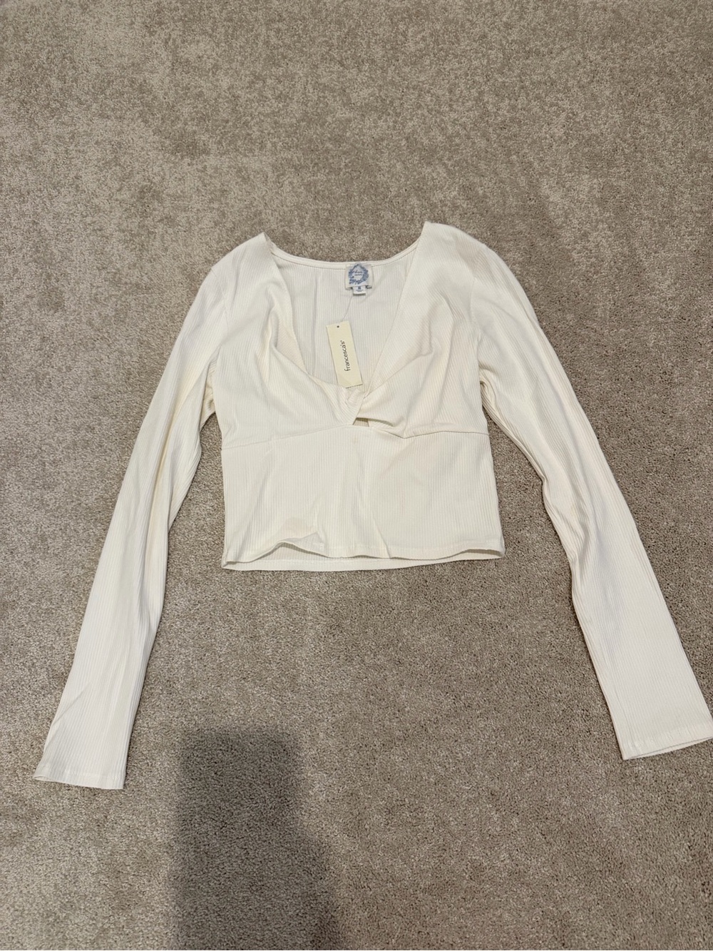 Francesca's Collections Cream Ribbed Twist-Front Long Sleeve Top
